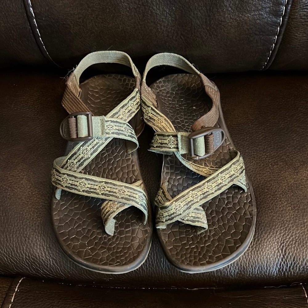 Green & dark brown Chacos